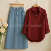 PAIR OF DENIM SKIRT WITH MAROON BUTTON DOWN SHIRT